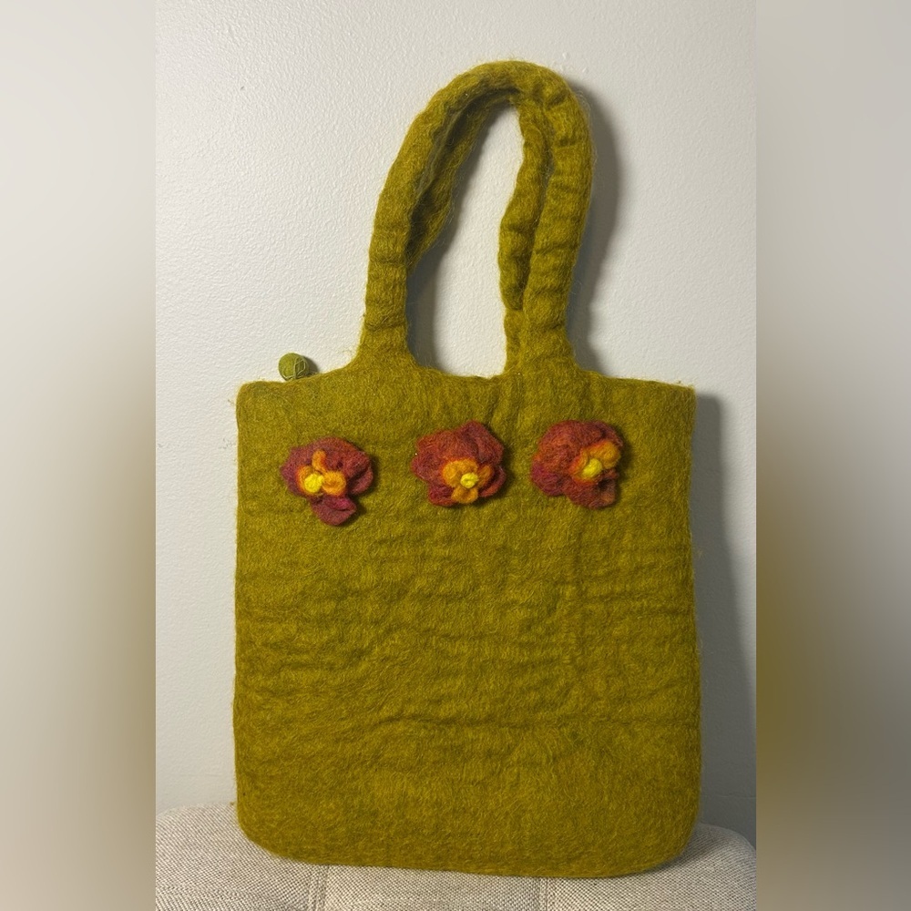 Green Felted Bag Boiled Wool Floral Handbag Purse Made in Nepal 11X12.5 Inches